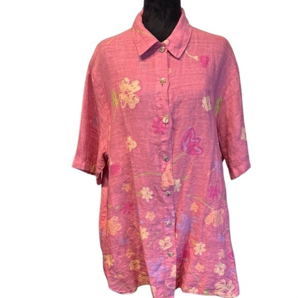 C.C. Collection Linen Pink Pastel Floral Shirt Women Short Sleeve Button Up  L